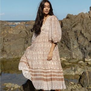Daughters of India Jasmine Shell Cream‎ and Brown Boho Cottagecore Midi Dress 3X